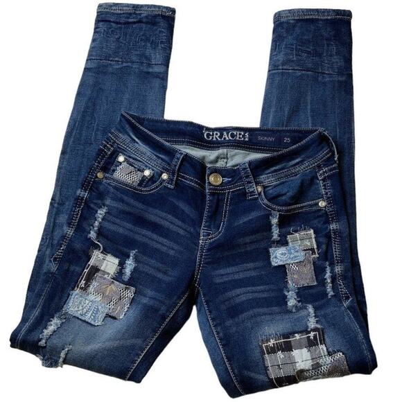 Grace In LA Skinny Women's Jeans Size 25 Embroidered Distressed Patched Denim - Picture 6 of 12